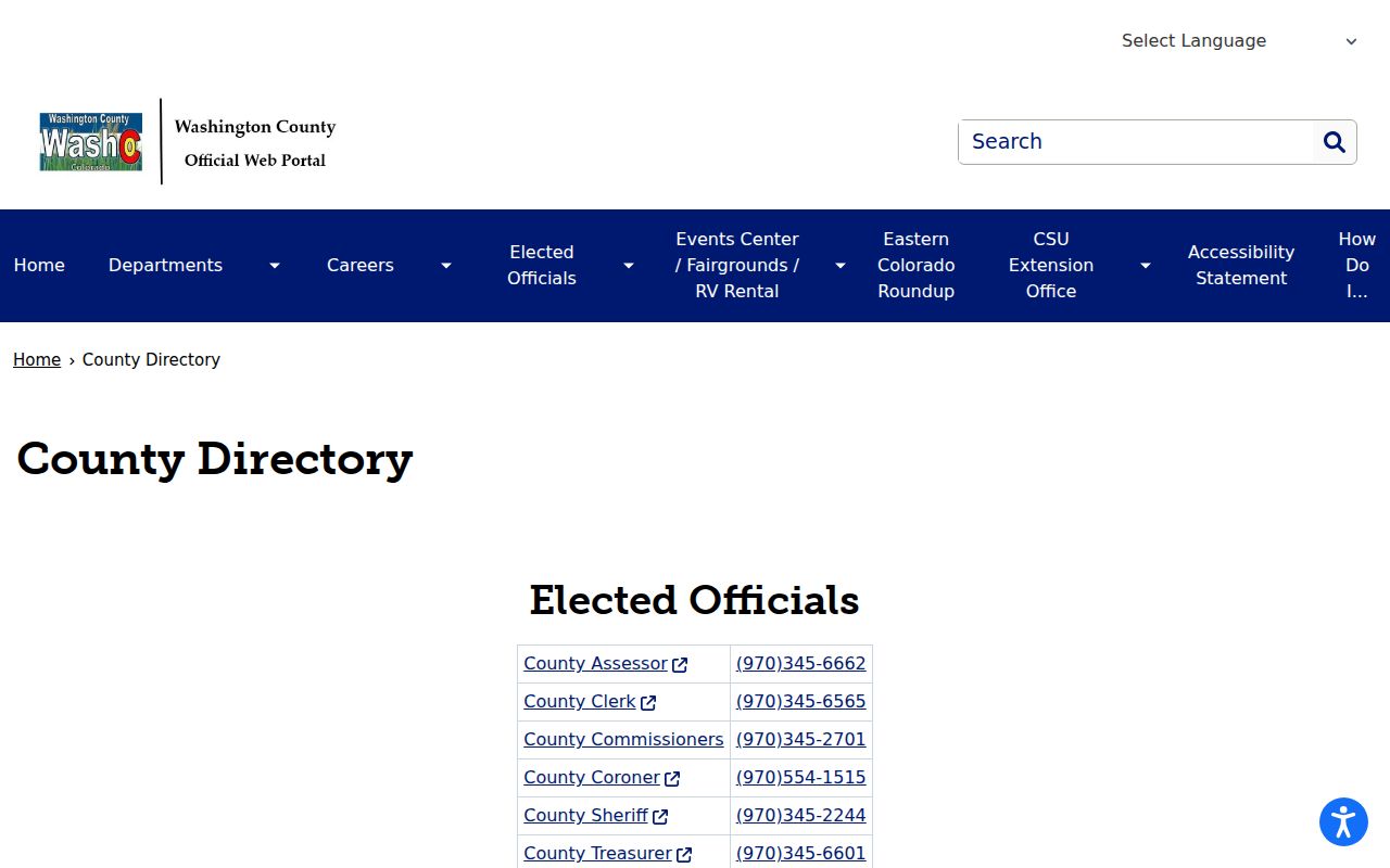Washington County directory entries for Sheriff courts and Justice Center