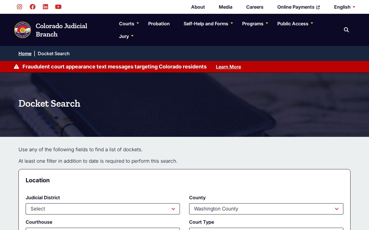 Washington County selected in the Colorado court docket search