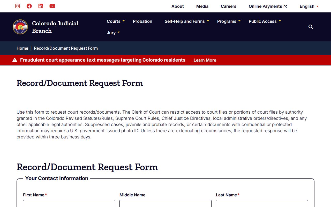 Court record request form for Washington County bench warrant documents