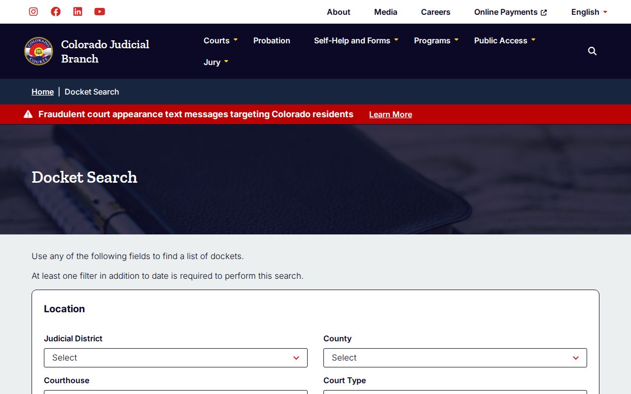 Colorado Judicial docket search filters used for Washington County warrant records