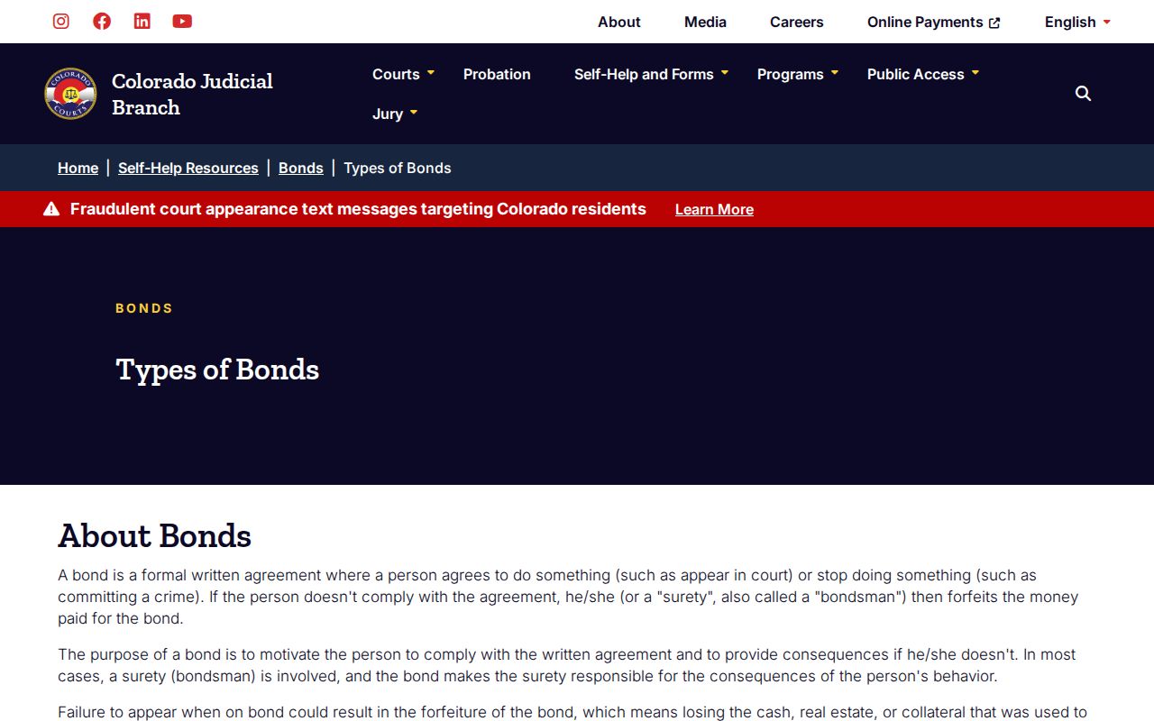 Colorado cash personal recognizance surety and property bond information