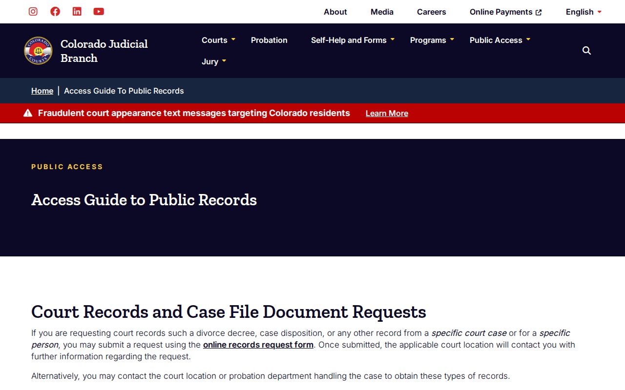 Colorado Judicial public access guidance relevant to Washington County warrants